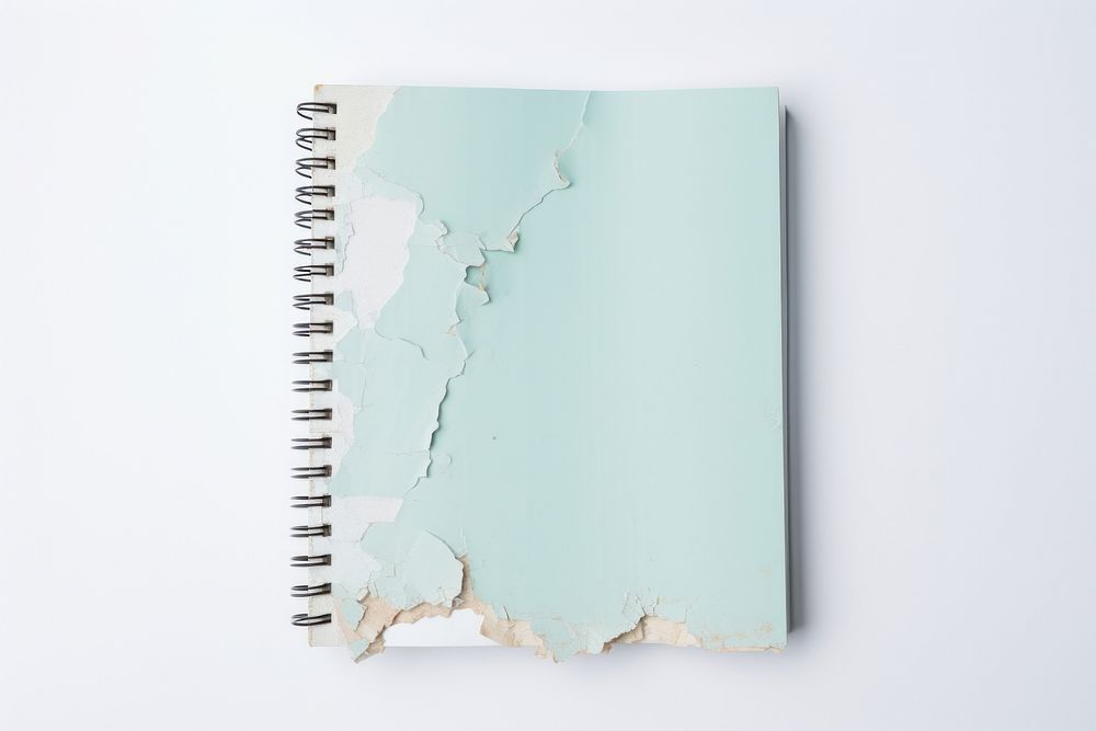 Grunge pastel notebook with torn paper white background rectangle turquoise.