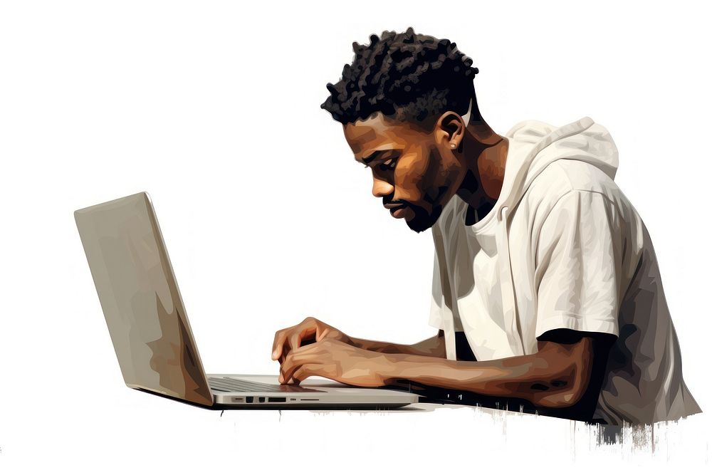 African american man computer laptop typing.