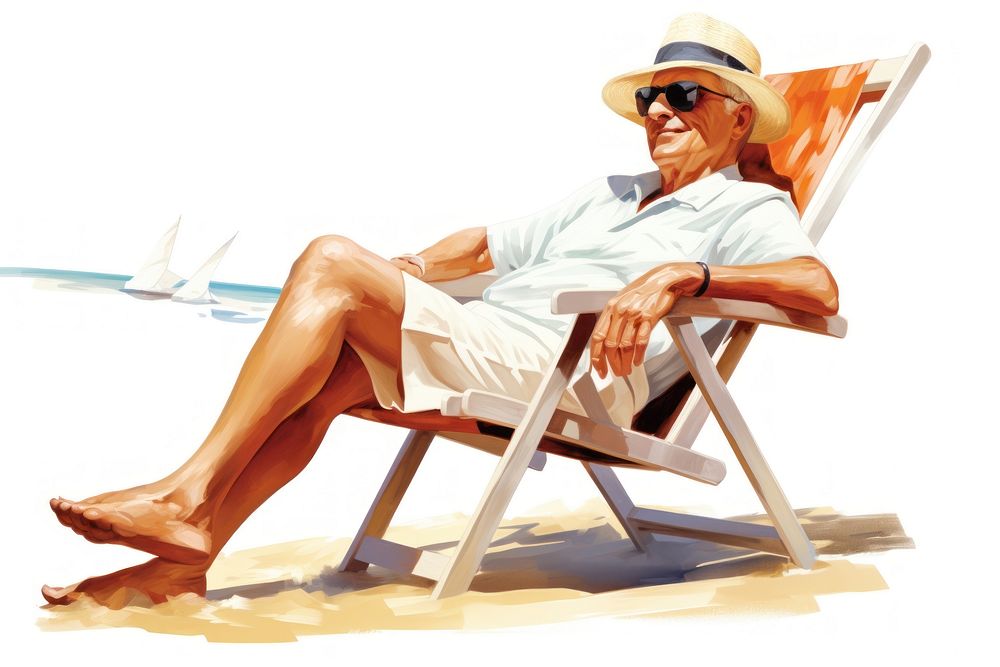 Mature man sitting sunbathing furniture.