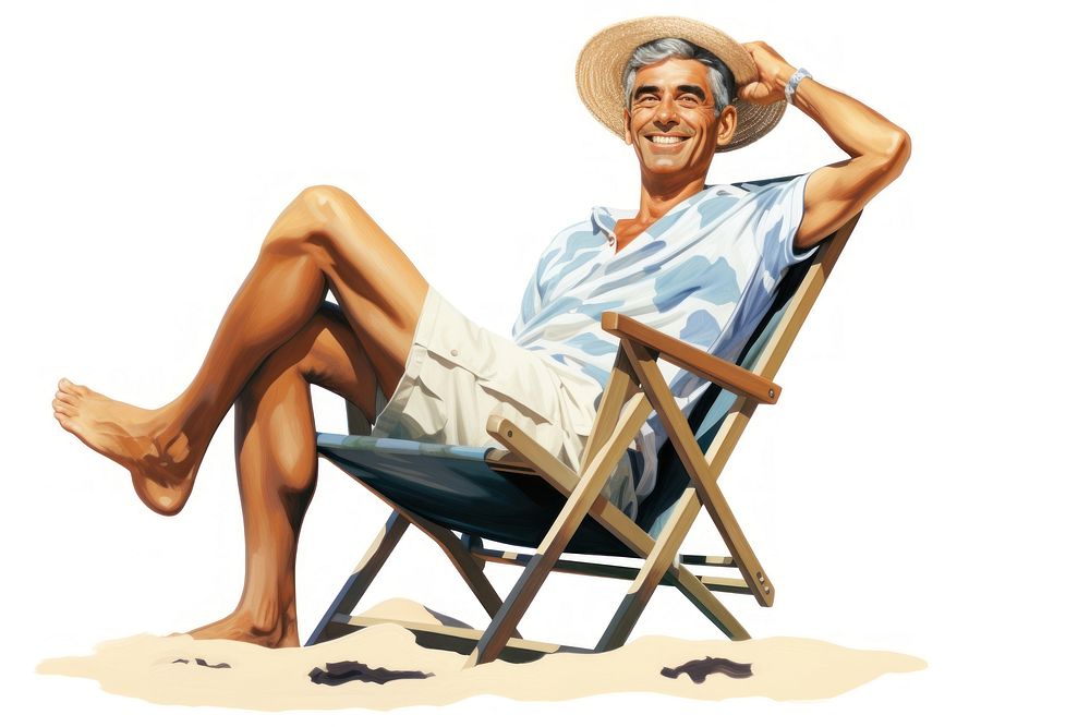 Mature man sitting chair sunbathing.