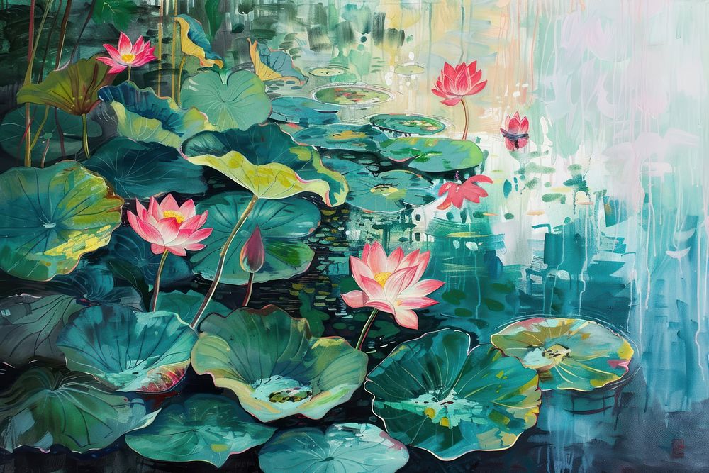Large water lily pond painting outdoors.