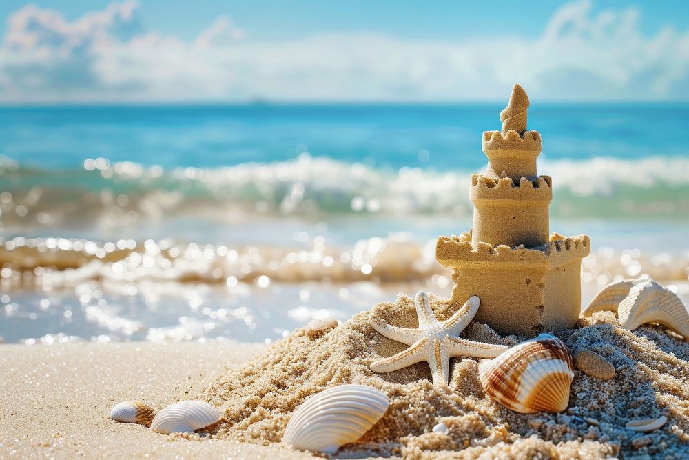 Building a sandcastle on the beach outdoors nature ocean.