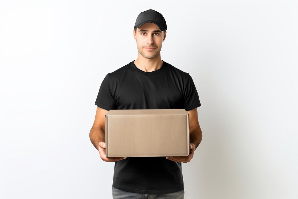 Delivery man holding parcel box