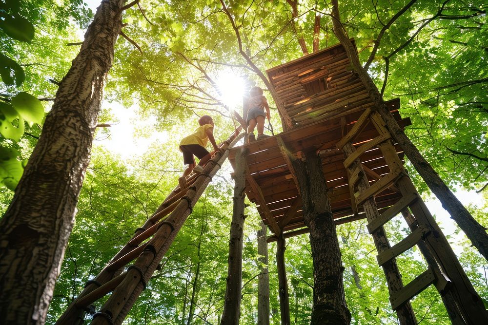 Children climbing a treehouse in a sunny forest outdoors woodland nature.