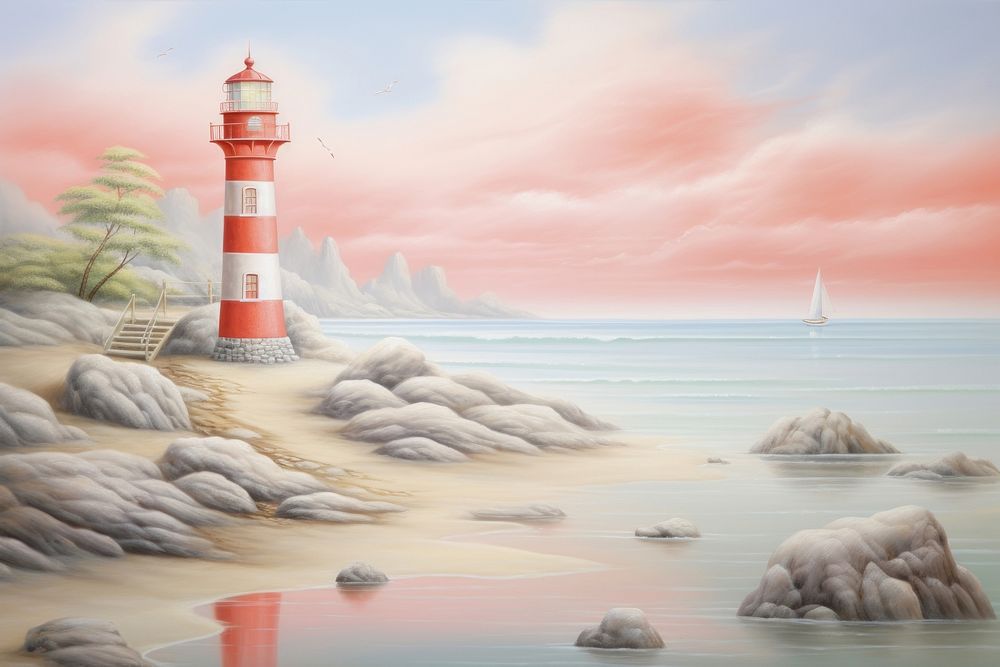 Sea and red lighthouse architecture landscape outdoors.