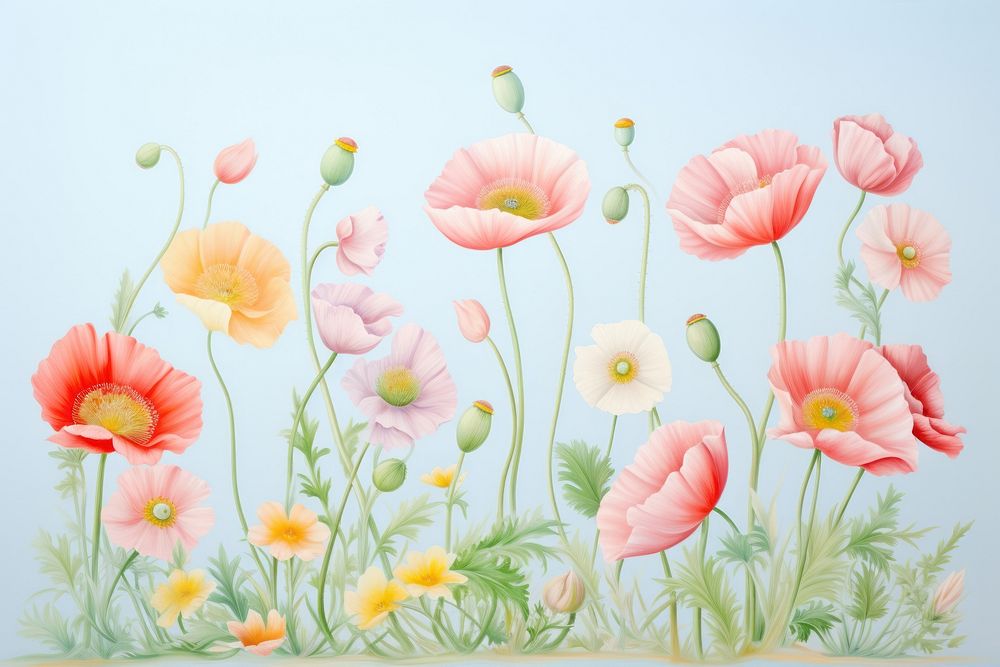 Painting of various color of poppies border flower poppy plant.