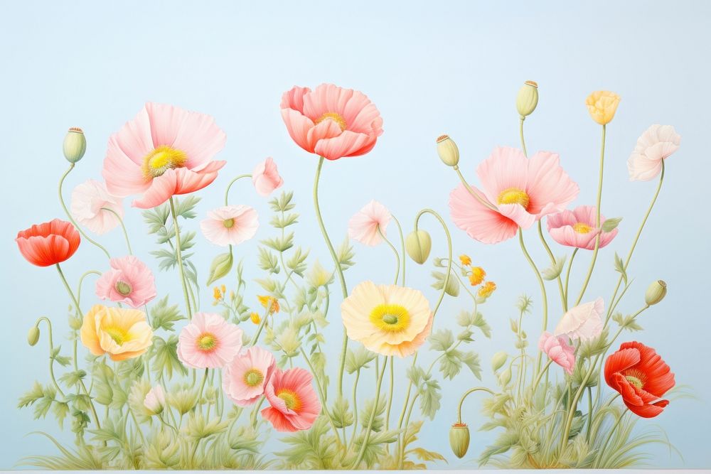Painting of various color of poppies border flower plant petal.