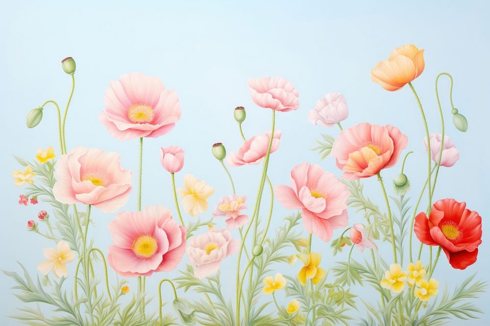 Painting of various color of poppies border pattern flower plant.