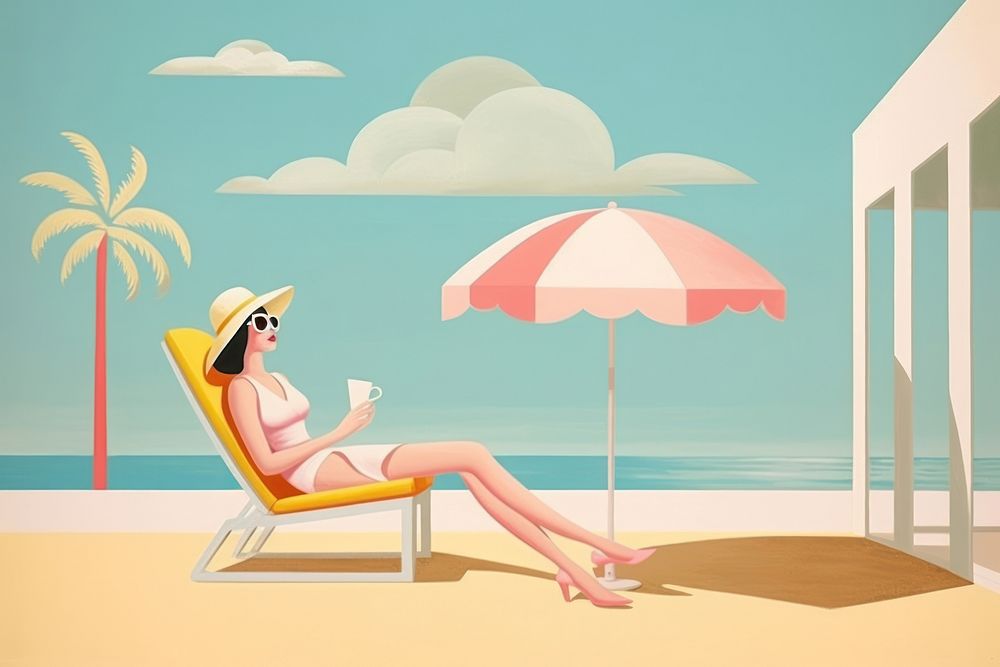 PNG Painting of a woman sunbathing during Summer summer furniture cartoon.