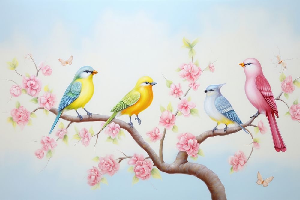 Colorful birds painting animal flower.