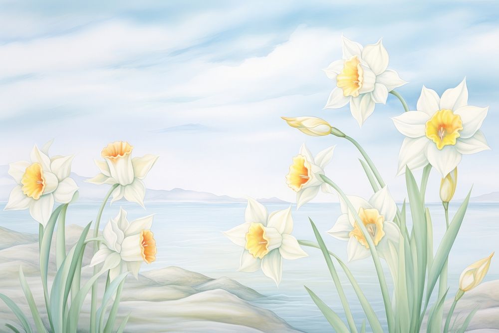 Painting of daffodils in summer backgrounds flower plant.