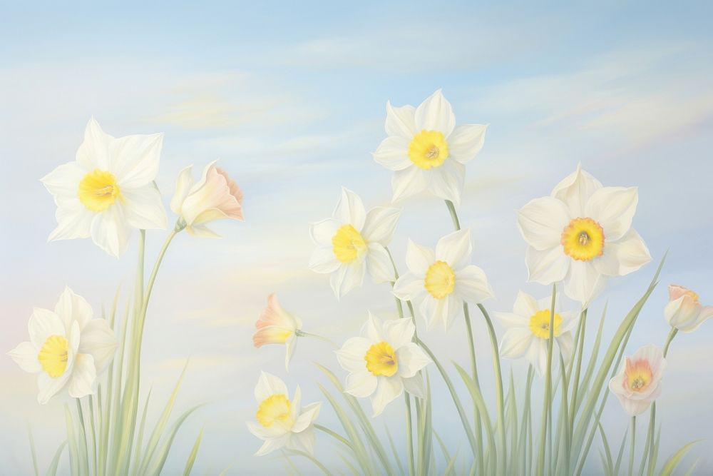 Painting of daffodils in summer backgrounds blossom flower.