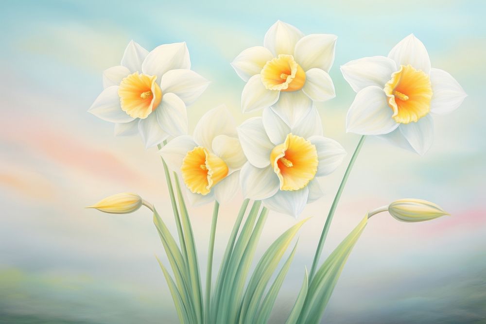 Painting of daffodils in summer blossom flower plant.