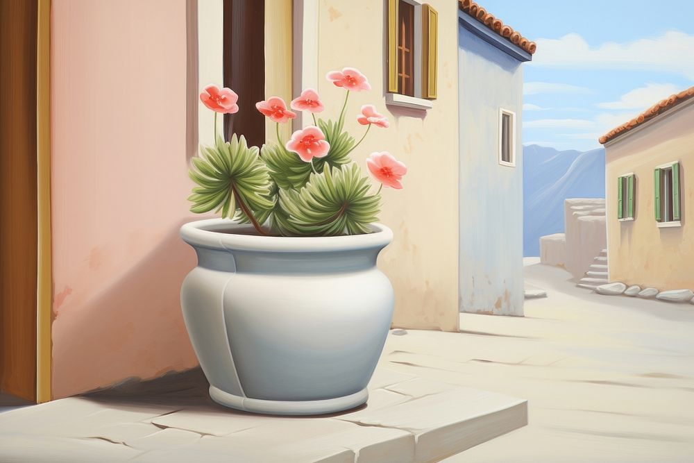 Painting of flower pot at street plant vase architecture.