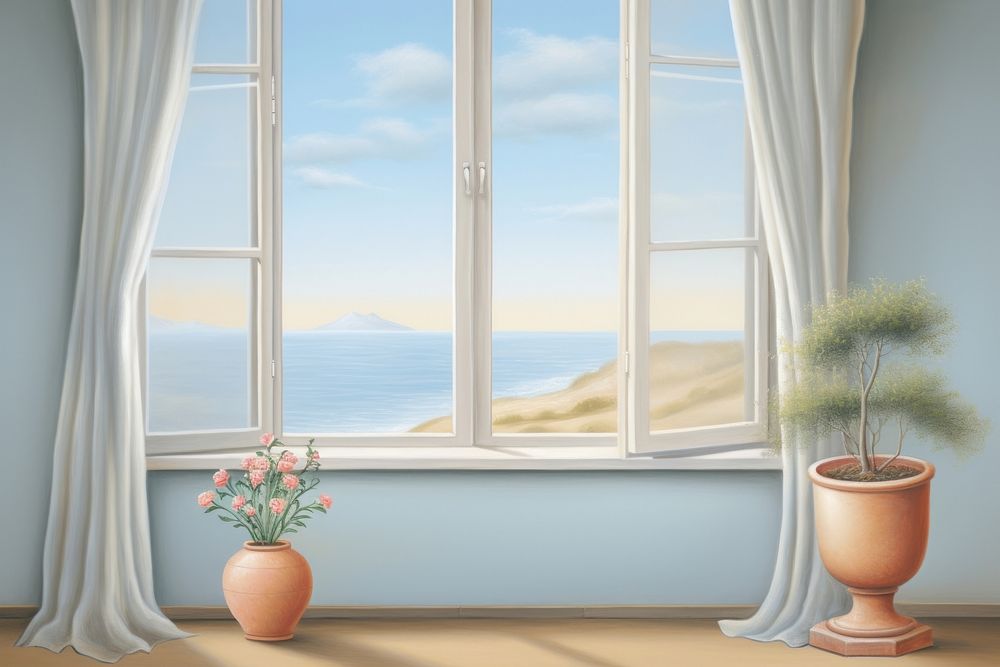 Painting of flower pot by the open window windowsill architecture transparent.