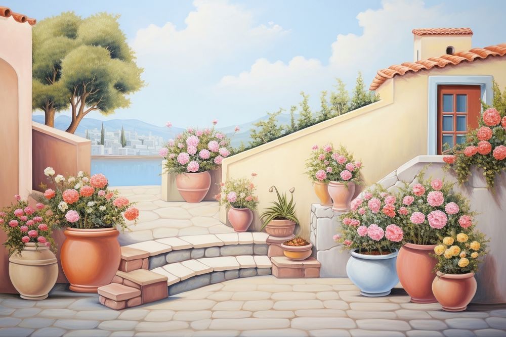 Painting of flower pots at house garden architecture building outdoors.