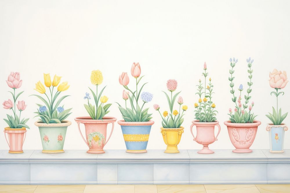Painting of flower pots border windowsill plant art.
