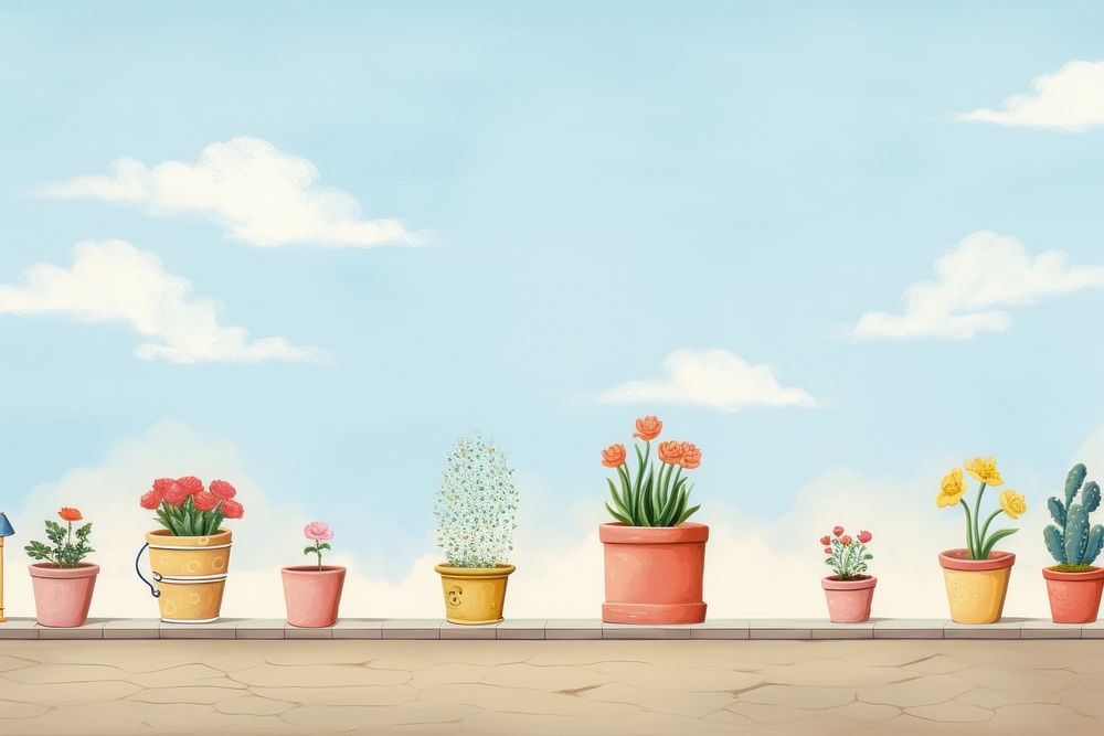 Painting of flower pots border outdoors nature plant.