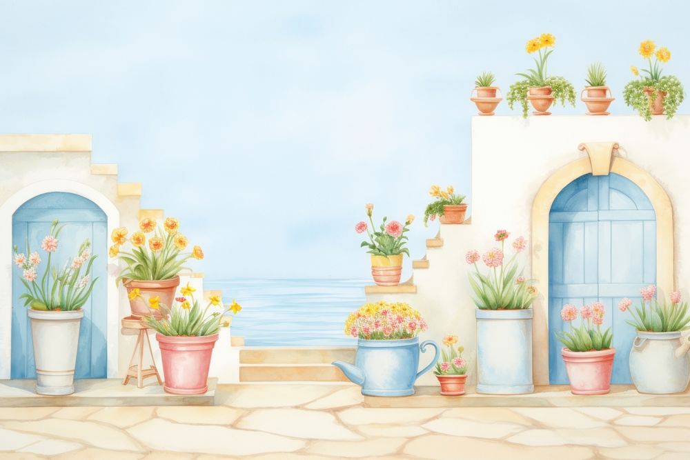 Painting of flower pots border architecture building outdoors.