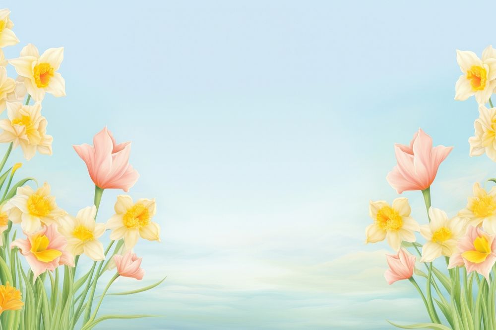 Painting of fresh daffodil border backgrounds outdoors flower.