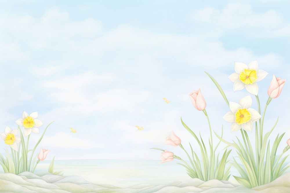 Painting of fresh daffodil border backgrounds flower plant.