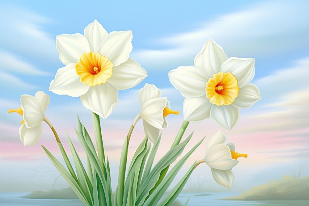 Painting of fresh daffodils blossom flower plant.