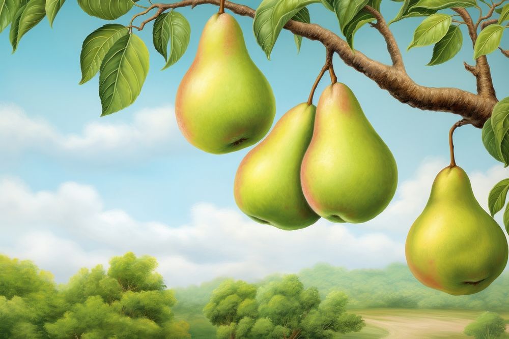 Painting of fresh pears in garden plant fruit food.