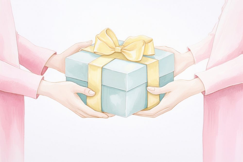 Painting of hands holding a gift box adult togetherness celebration.