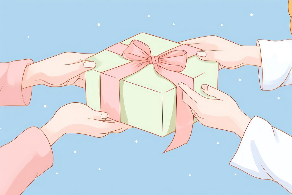 Painting of hands holding a gift box celebration anniversary decoration.