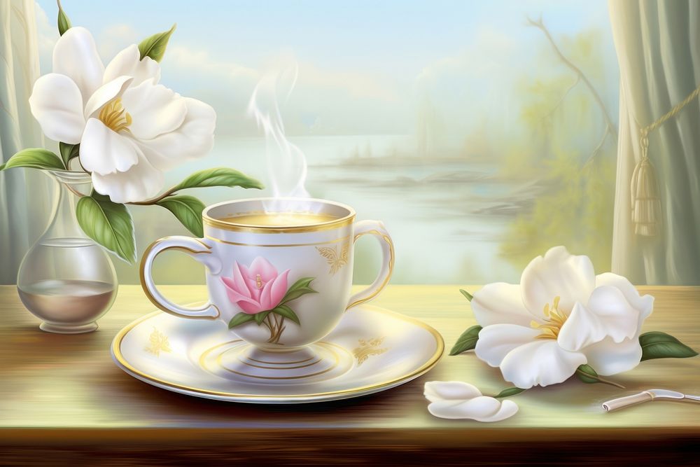 PNG Painting of jasmine tea saucer coffee flower.