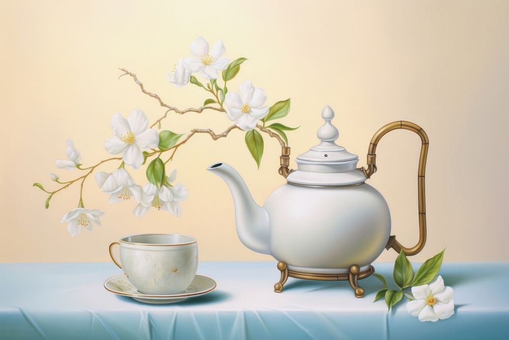 PNG Painting of jasmine tea porcelain teapot flower.