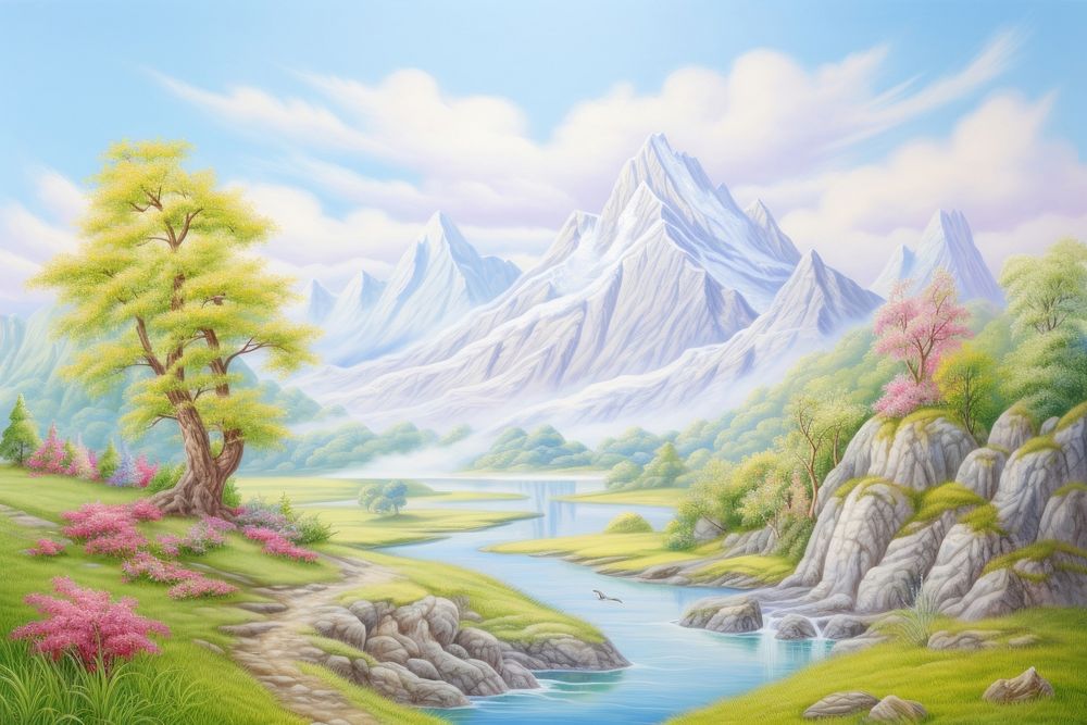 Mountain landscape painting outdoors.