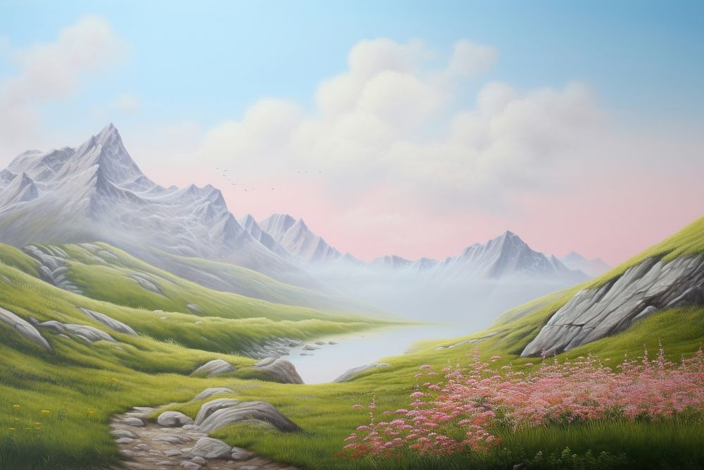Mountain landscape painting grassland.