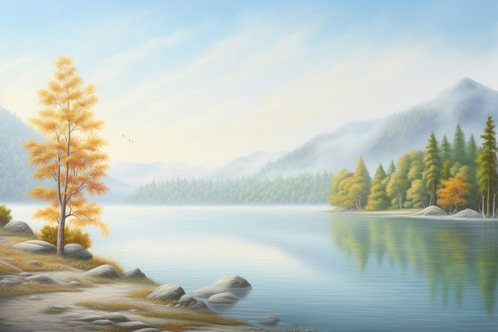 Painting of lake in autumn landscape outdoors nature.