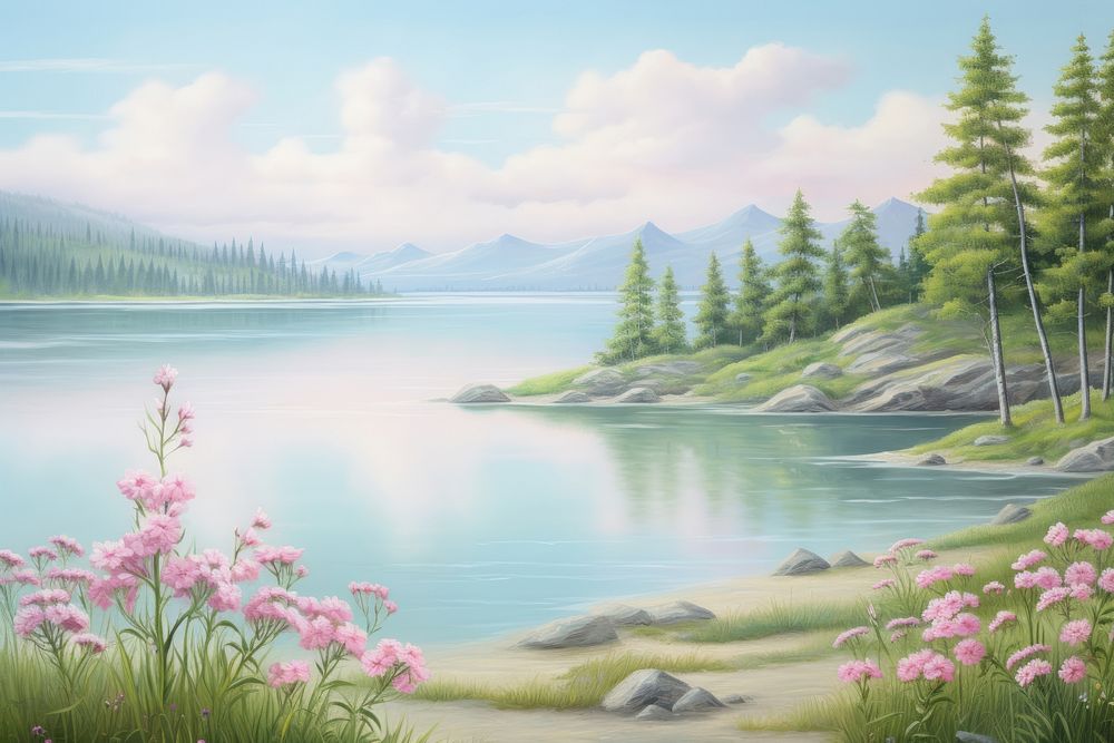 Painting of lake in summer landscape outdoors nature.