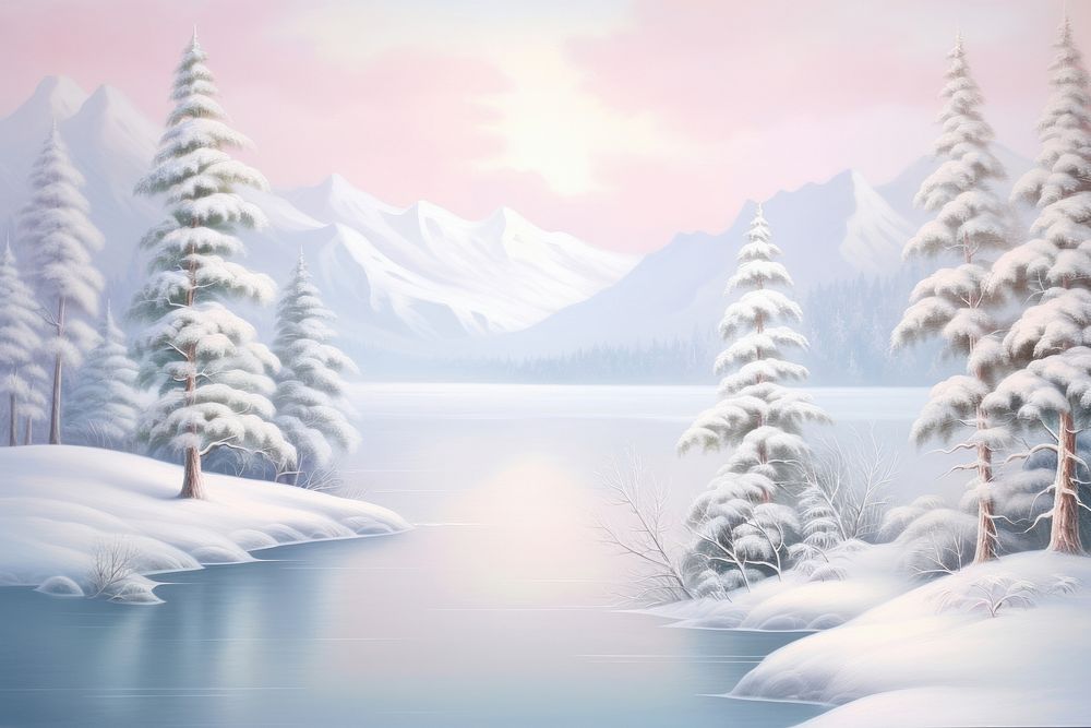 Painting of lake in winter with snow backgrounds landscape outdoors.