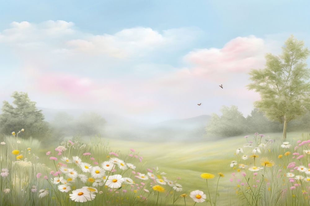 Painting of meadow in summer border landscape grassland outdoors.