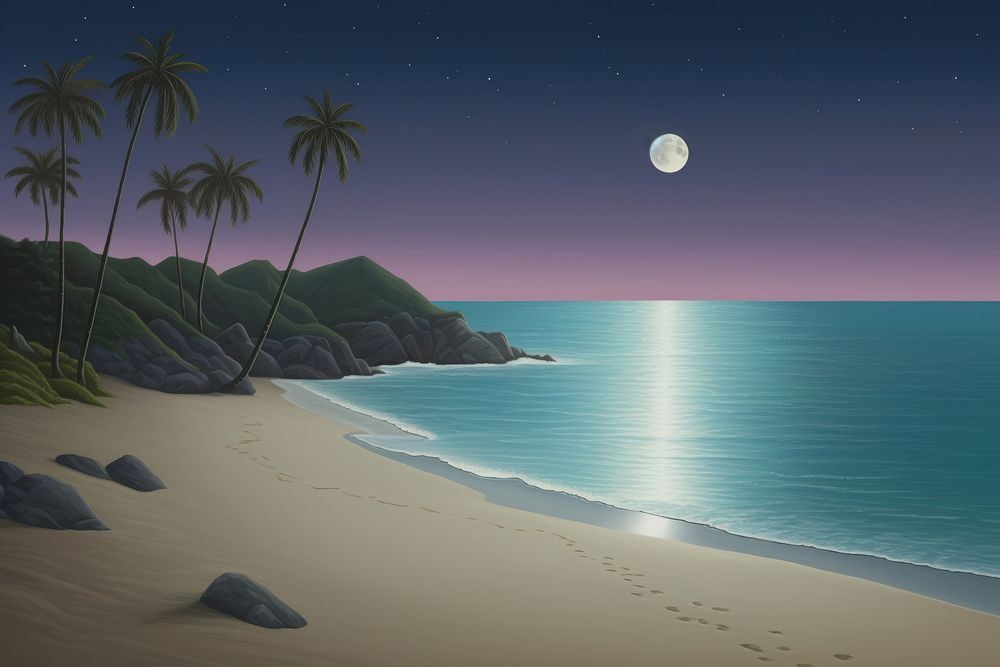 Painting of night beach landscape astronomy outdoors.