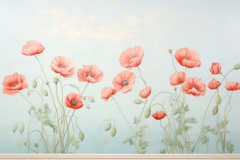 Painting of poppy border flower plant art.