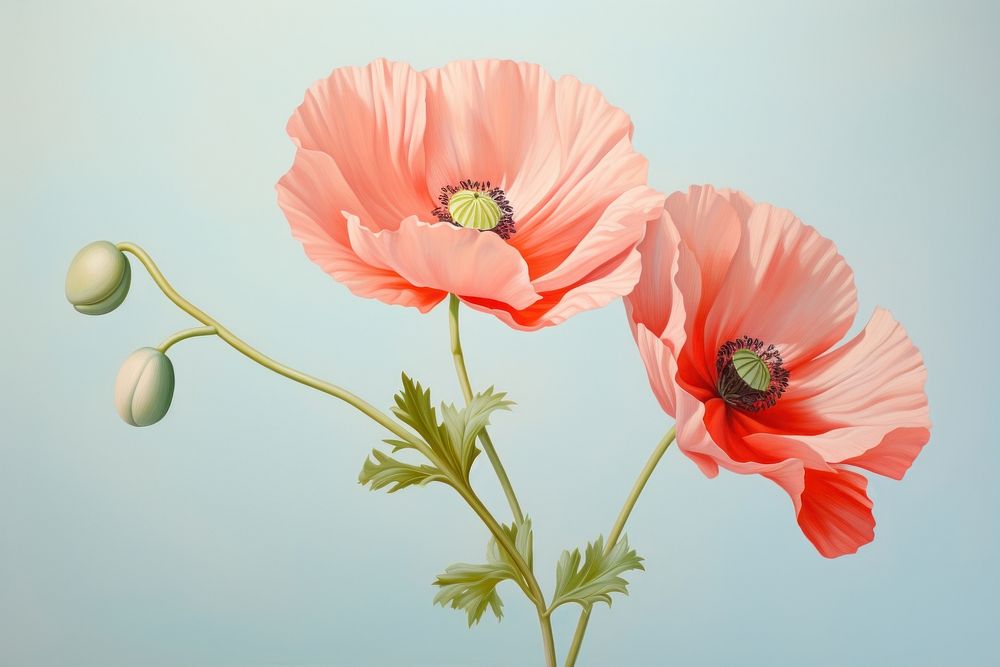 Painting of poppy flower plant inflorescence.