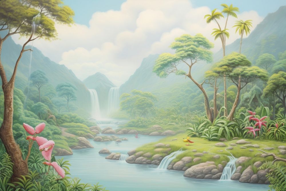 Painting of rainforest landscape waterfall outdoors.