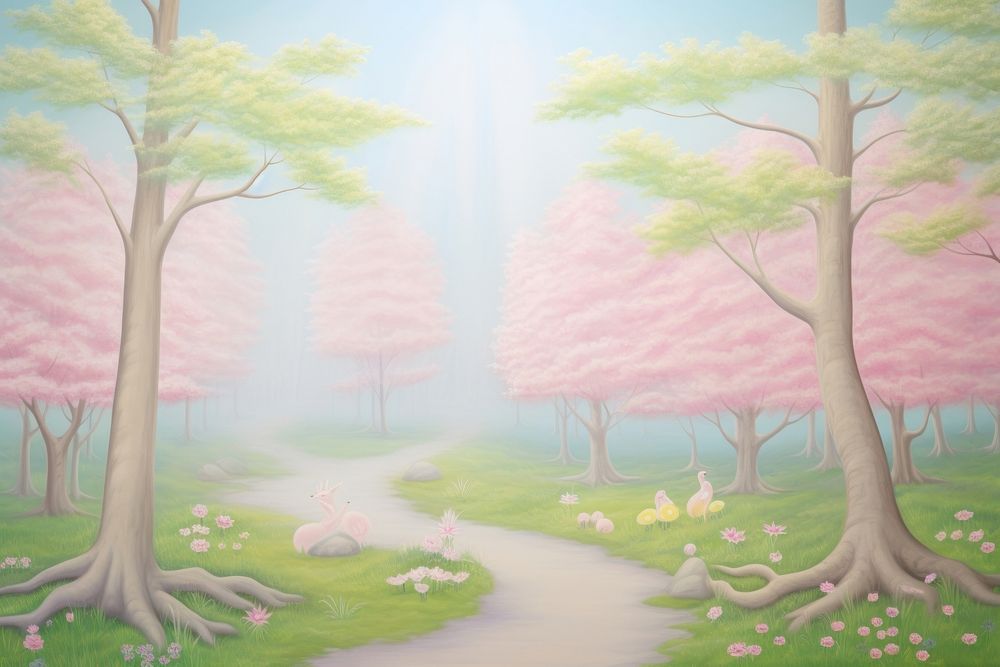 PNG Painting of Spring forest backgrounds outdoors woodland.