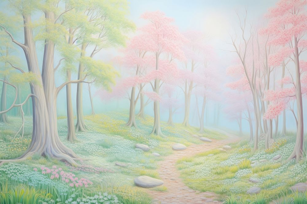 PNG Painting of Spring forest backgrounds landscape outdoors.