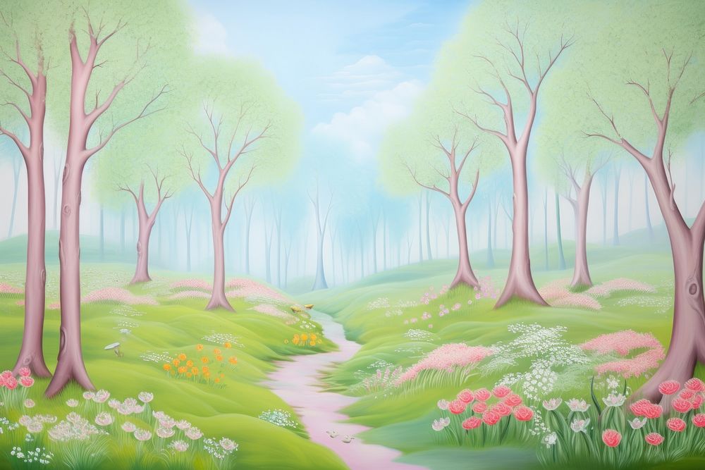 PNG Painting of Spring forest backgrounds landscape outdoors.