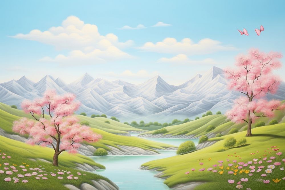 PNG Painting of Spring mountains landscape outdoors nature.