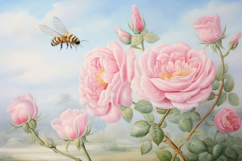 Roses and bee painting flower animal.
