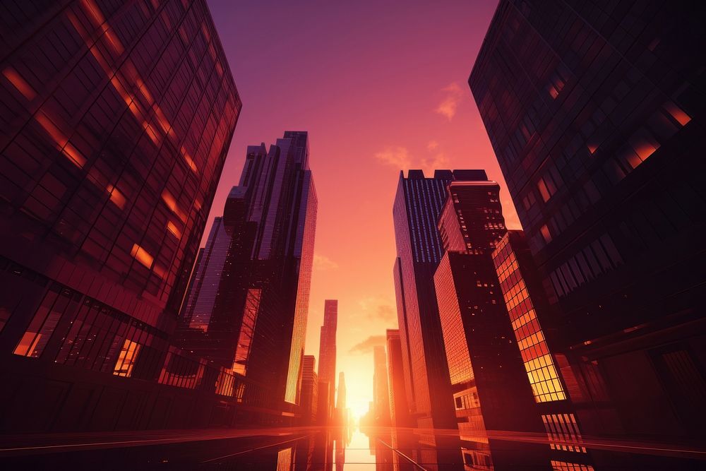 Tall buildings at sunset architecture cityscape outdoors.