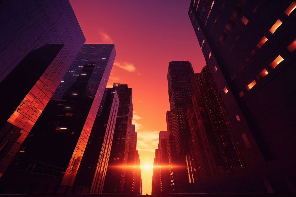 Tall buildings at sunset architecture cityscape outdoors.