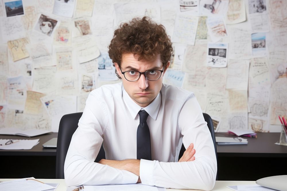 Unhappy office worker furniture glasses contemplation.