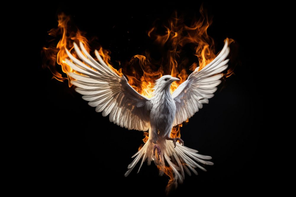 White bird fire flame flying black background destruction.